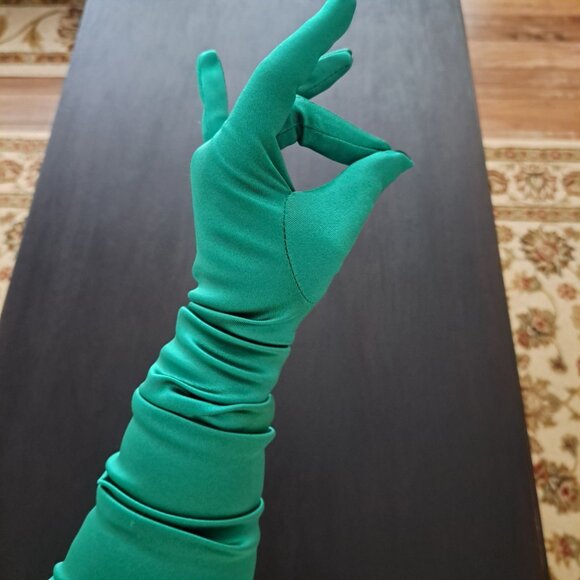 Green Satin Finish Opera Gloves 22" Halloween Costume Elegant Formal Stretch - Picture 1 of 9